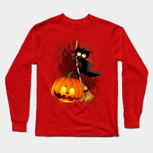 Cat Fun Halloween Character scared by a Pumpkin Long Sleeve T-Shirt